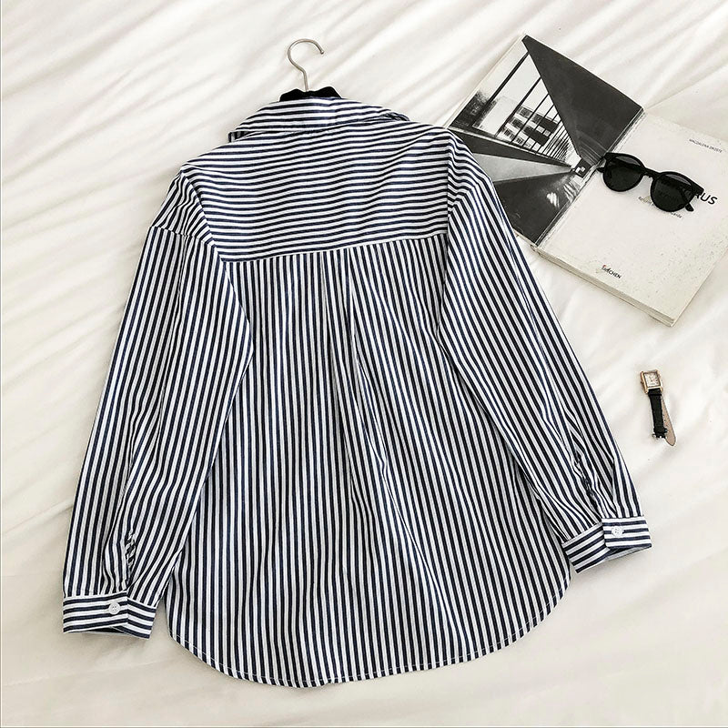 Chemise simple à rayures et à simple boutonnage contrastée pour femme, manches longues amples 6244