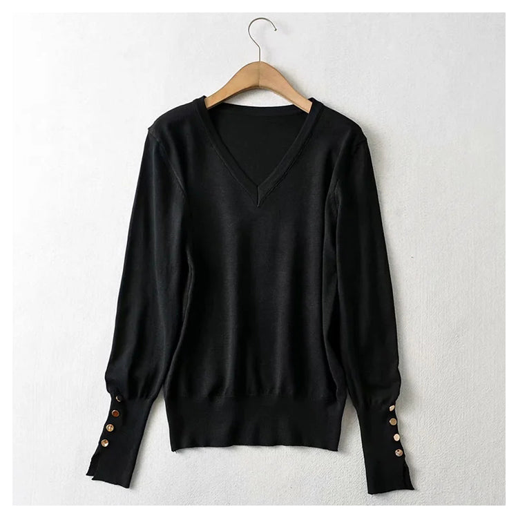 New simple and versatile solid V-Neck long sleeved sweater 7369