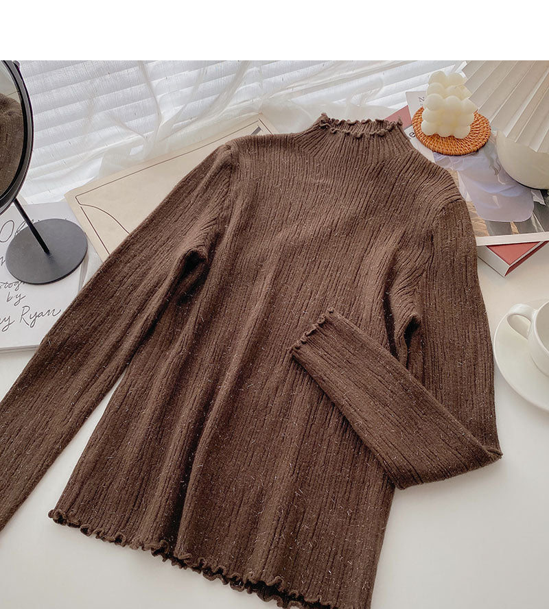 Korean stand collar long sleeve design slim fit bright silk sweater 6664