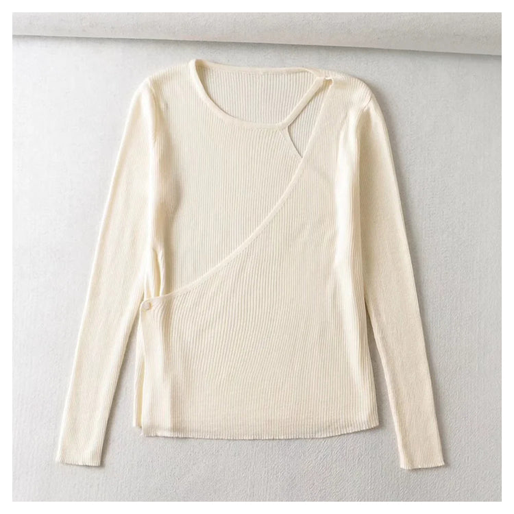 Cardigan tricoté polyvalent de couleur pure à col rond irrégulier et coupe ajustée 7367