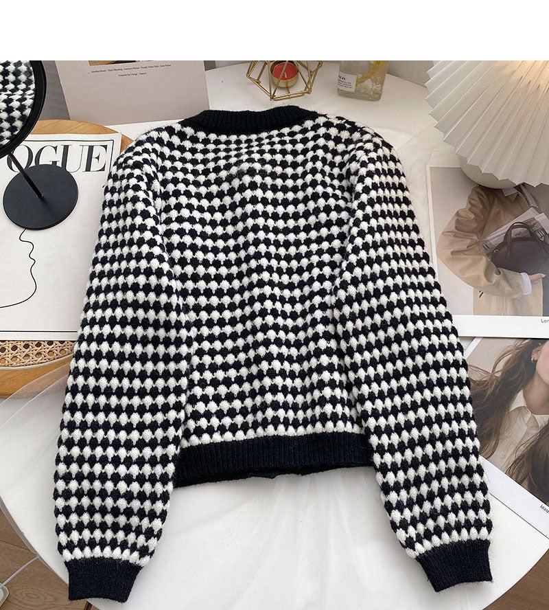 Vintage Round Neck Bird check top cardigan 6102