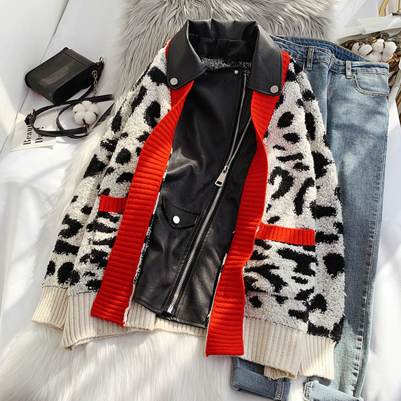 Cardigan tricoté de style étranger à imprimé léopard, pièces de produits européens 5105