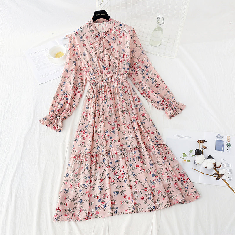 Robe fleurie à volants avec taille élastique et nœud 4815