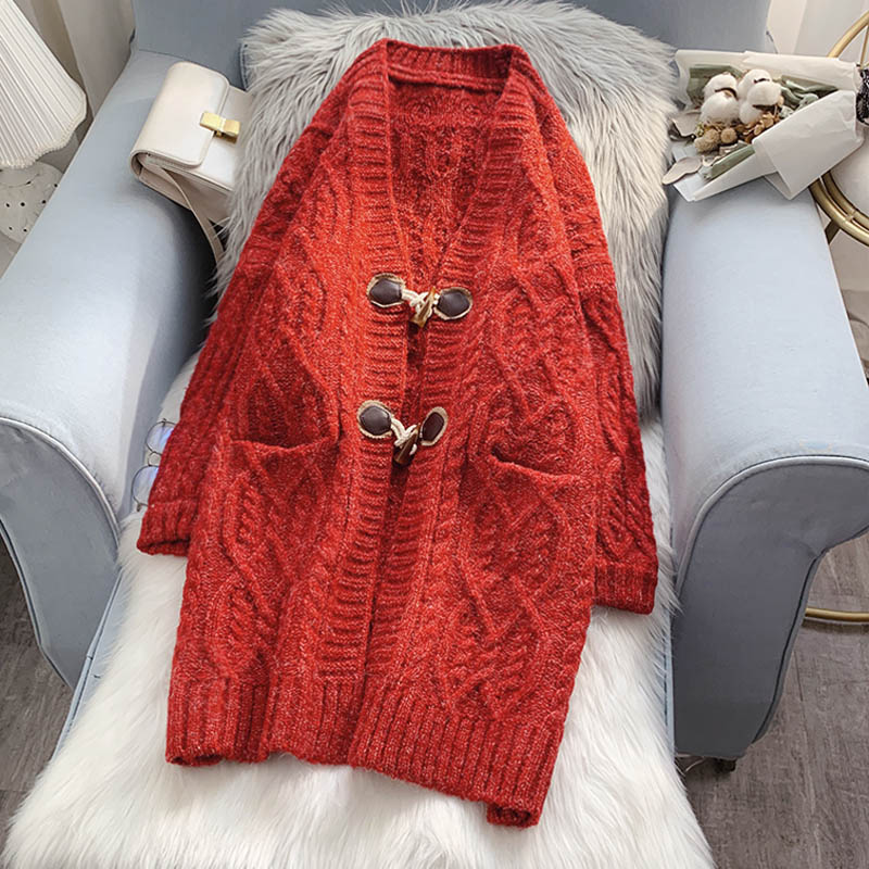 Cardigan tricoté rouge en filet pour femme, style ample et décontracté 5065