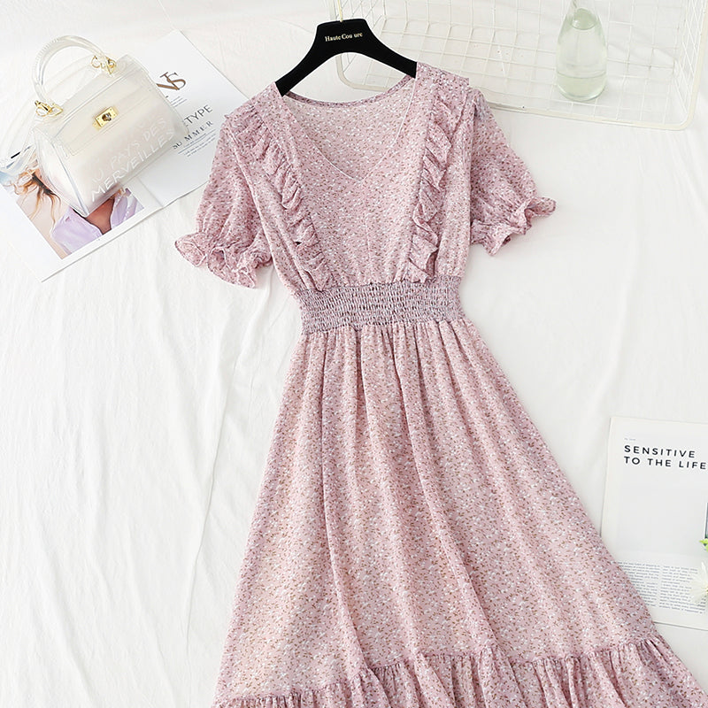 New French gentle style V-neck fungus edge Chiffon temperament small skirt 4858