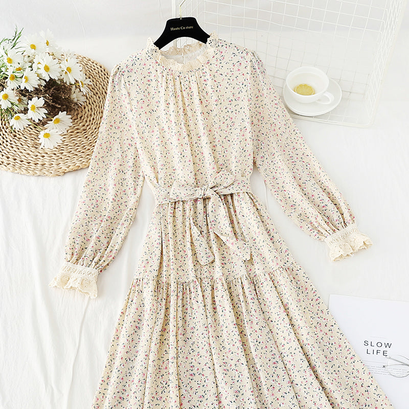 Robe fleurie rétro française jupe longue en mousseline de soie slim 4829