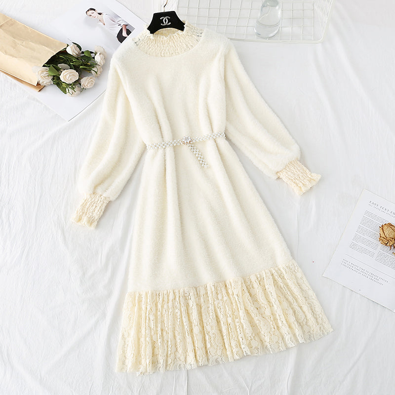 Pull en vison longueur genou avec coutures en dentelle de style nouveau avec jupe inférieure 4767