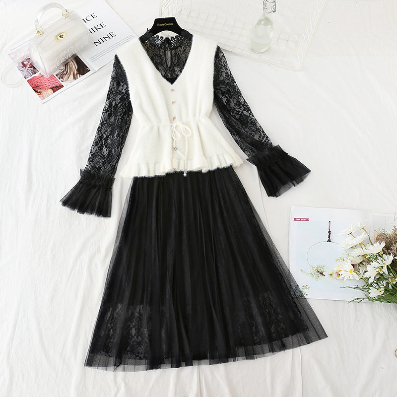 Ensemble deux pièces avec jupe gilet et robe en dentelle à l'intérieur 4742