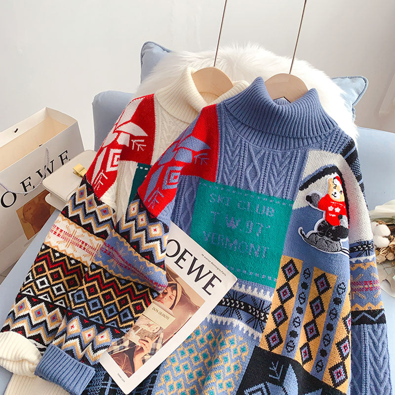 Pull col montant sœurs de Noël nouveau haut tricoté 4924