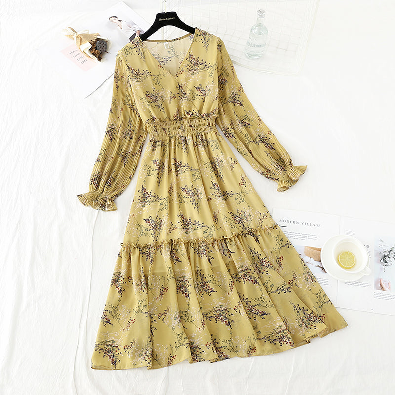 Nouveau vent doux, slim slim, taille élastique, robe fleurie en mousseline de soie froissée 4714