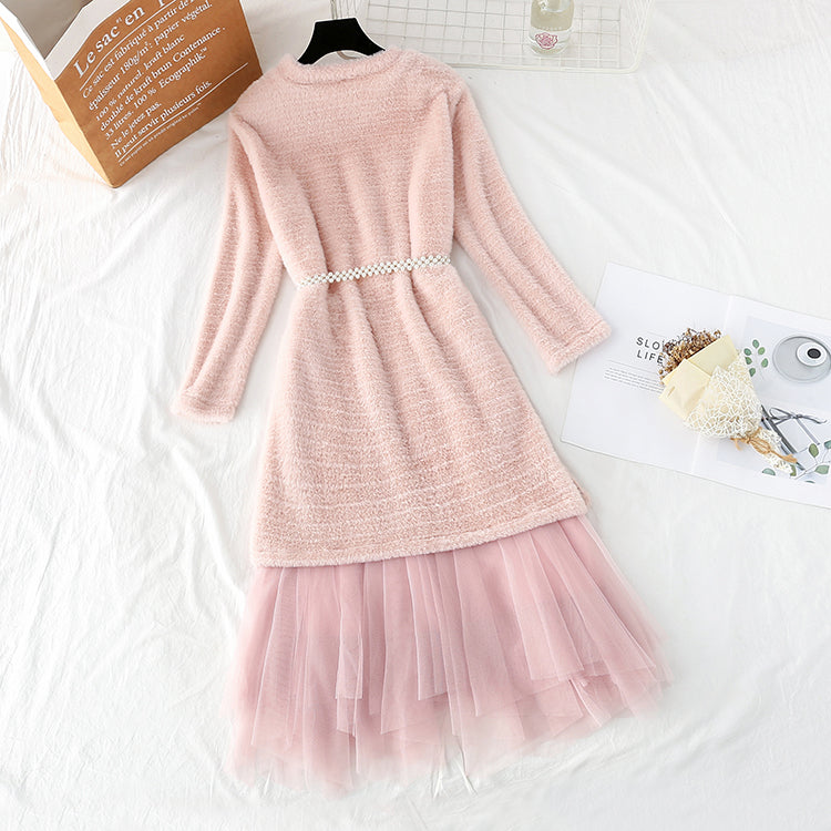 New mink sweater + women's mesh half skirt two-piece set 4310