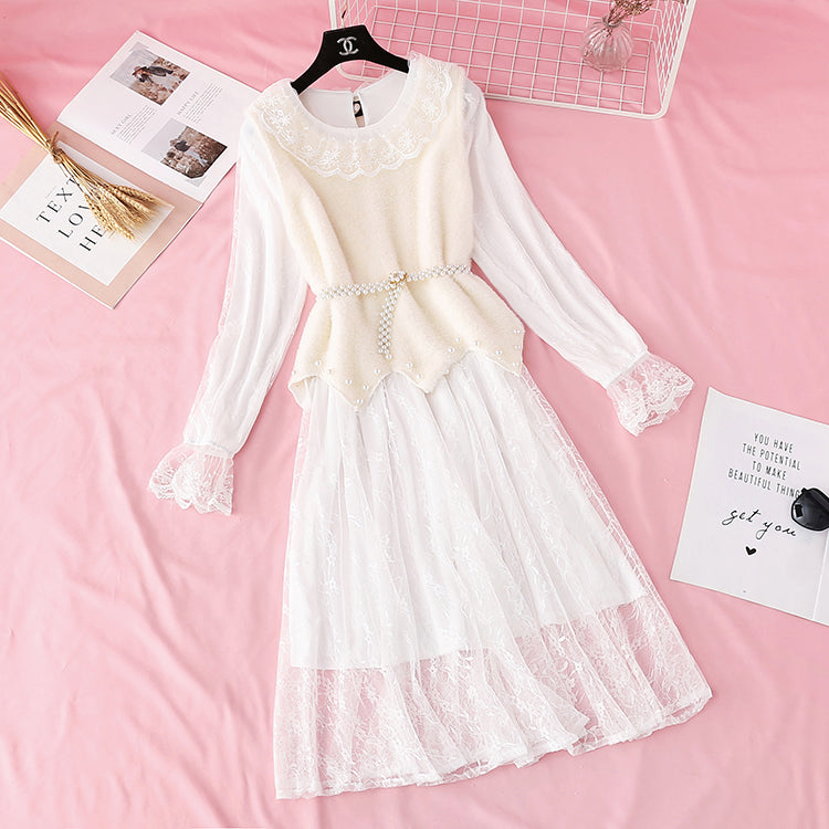 Pull en vison en dentelle avec jupe à fond, costume deux pièces, style étranger 4491