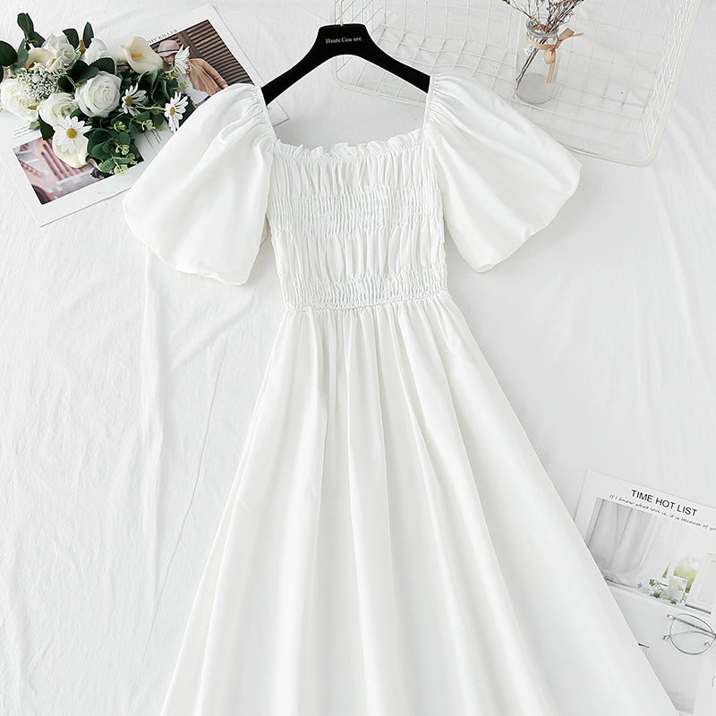 Nouvelle robe en lin et coton à col carré et épaules dénudées à manches bouffantes 4255