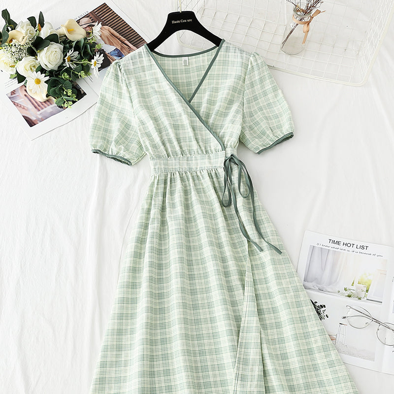 Robe à carreaux en coton et lin une pièce avec fermeture à la taille et jupe tempérament 4262