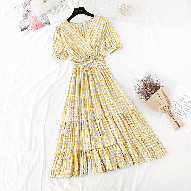 Robe à carreaux à manches volantées, style déesse, robe fine 4206