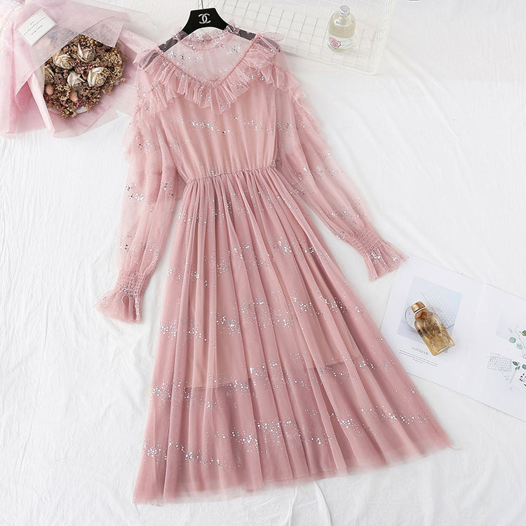 Robe fée en gaze à sequins et bretelles à volants 4321