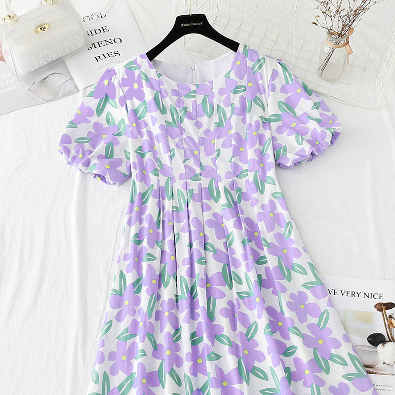 Robe en coton et lin à manches bouffantes, coupe vent douce, fleurs cassées, 4248