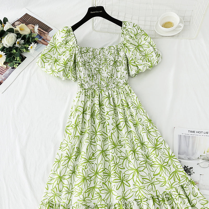 French retro dress with bubble sleeves and slim waist 4270