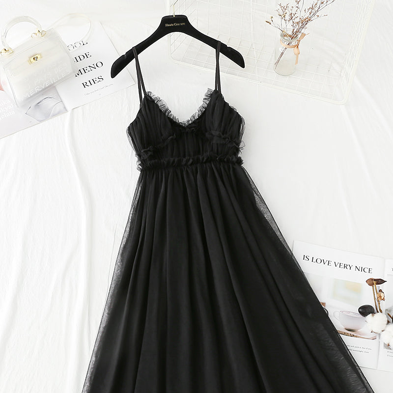 Sweet mesh dress temperament small black skirt with waist closed 4128