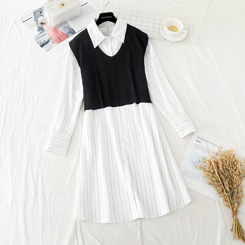 Striped shirt + knitted vest suit college English two piece set 3896