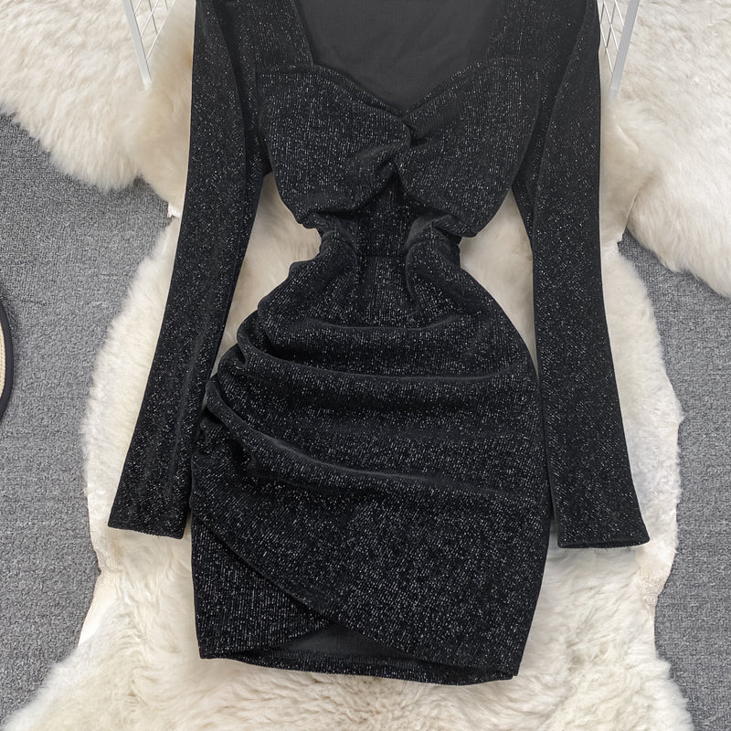 Robe portefeuille slim en velours côtelé plissé irrégulier 3766
