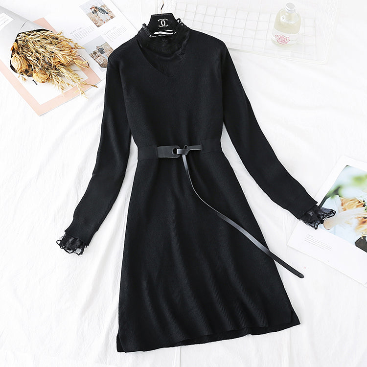 Pull en dentelle avec dos en faux tempérament deux jupes 3796