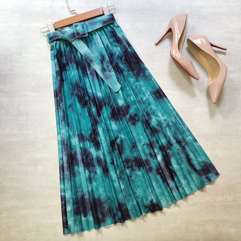 Jupe chaude, encre éclaboussée tie-dye, ceinture imprimée, jupe longue plissée dans les étoiles 3691