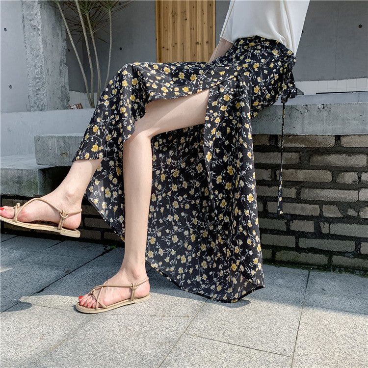 Été, nouveau style, jupe fendue en mousseline de soie, motif floral, taille haute, jupe portefeuille de vacances de protection solaire de plage 3628