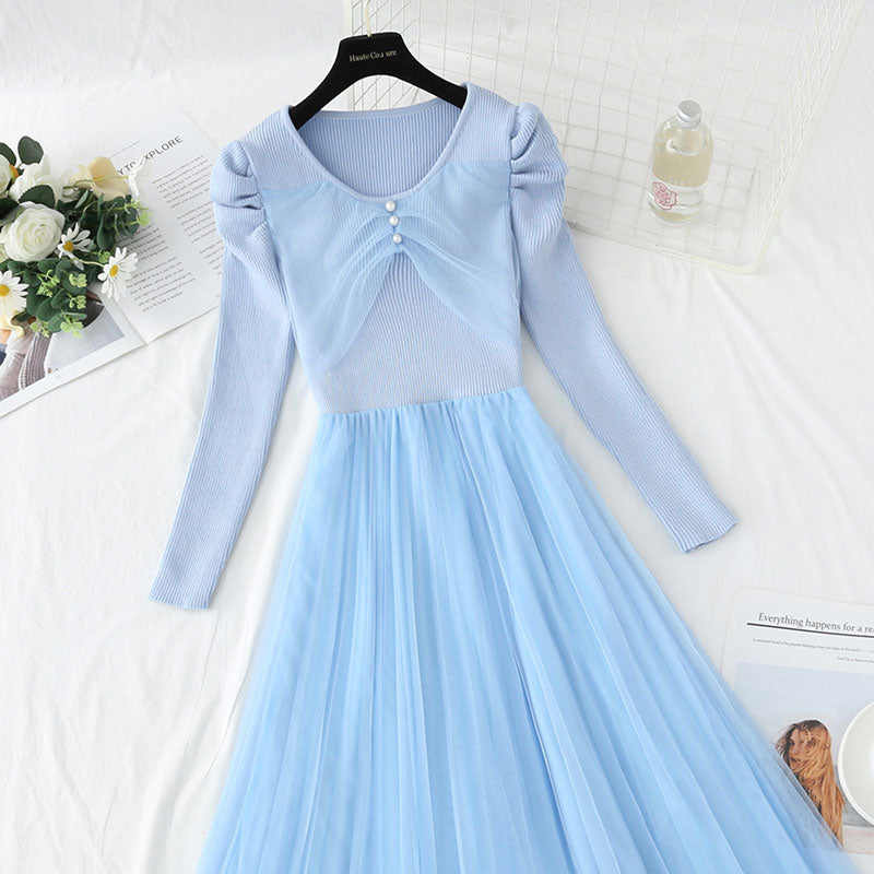 Robe en maille tricotée avec coutures en mailles, jupe longue tempérament 4416