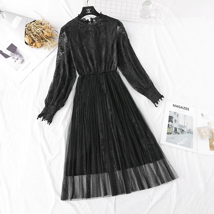 Robe en maille de velours doré jupe longue plissée en dentelle 4373