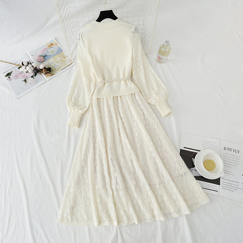 Robe tricotée pour femme en dentelle super féerique Robe en laine cousue en peluche 4439