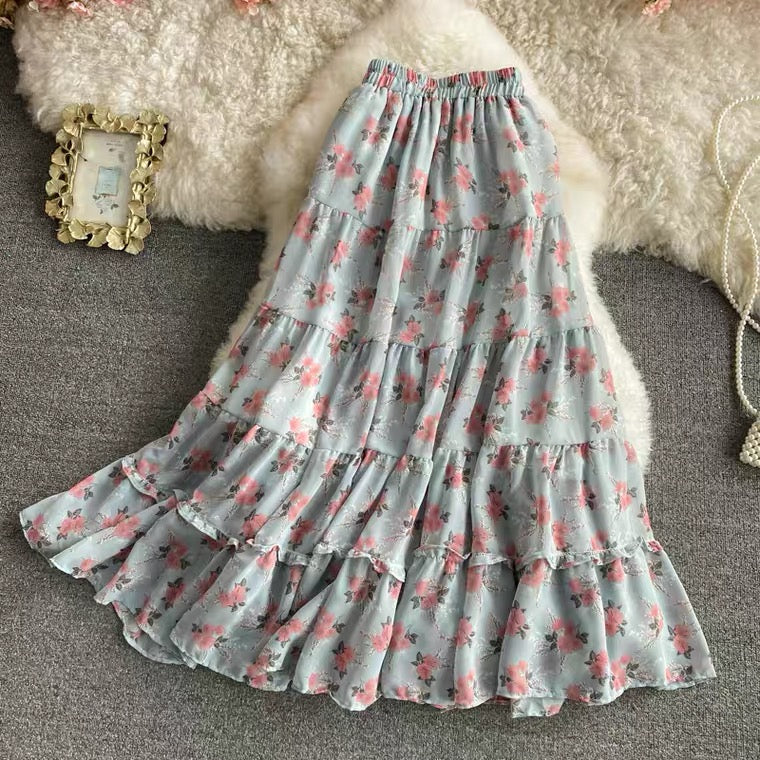 Jupe en mousseline de soie florale à taille élastique, jupe longue douce et polyvalente, jupe longue trapèze féerique taille haute 3562