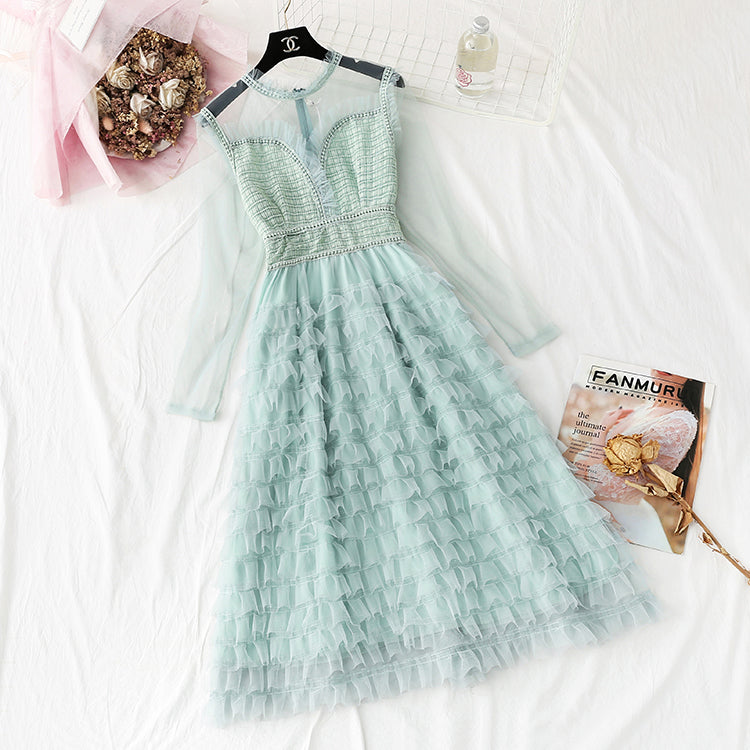 Robe en dentelle en maille, petite couche parfumée, gâteau à couches superposées, jupe longue 4294