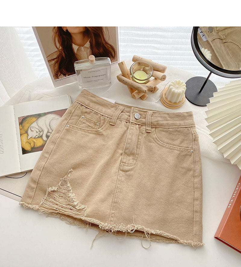 Denim bag hip short skirt personality hole high waist A-line skirt 5366