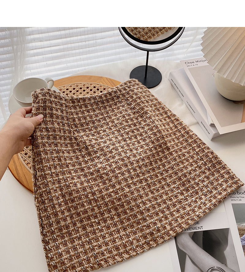Jupe en tweed à carreaux vintage, taille haute, coupe trapèze, 5274