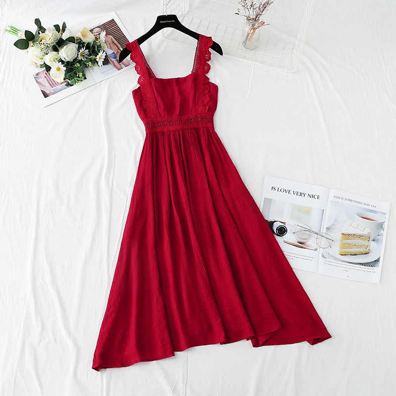Robe en coton et lin Robe à bretelles rétro française douce 4263