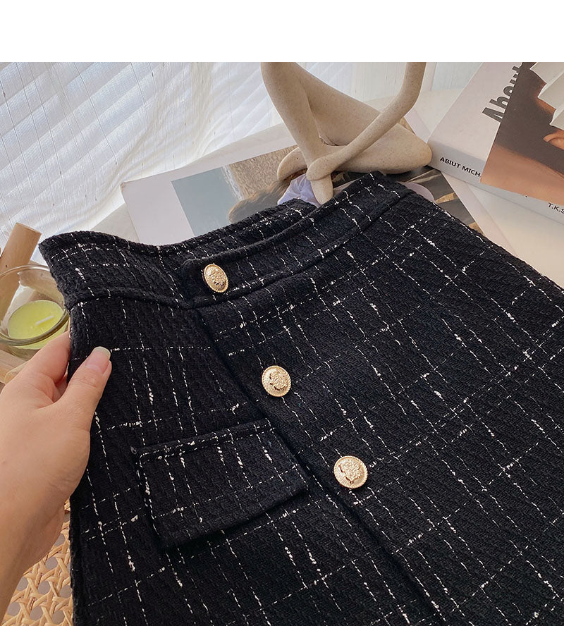 Irregular design high waist single breasted A-line slim plaid skirt 5382