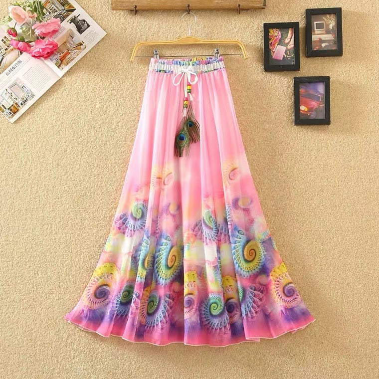 Été, jupes midi bohèmes, jupes en mousseline, imprimés vintage, robes à taille élastique 3636