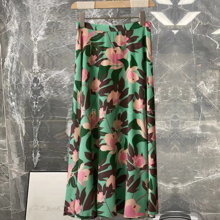 Floral printed skirt, heavy silk A-line skirt, midi skirt 3634