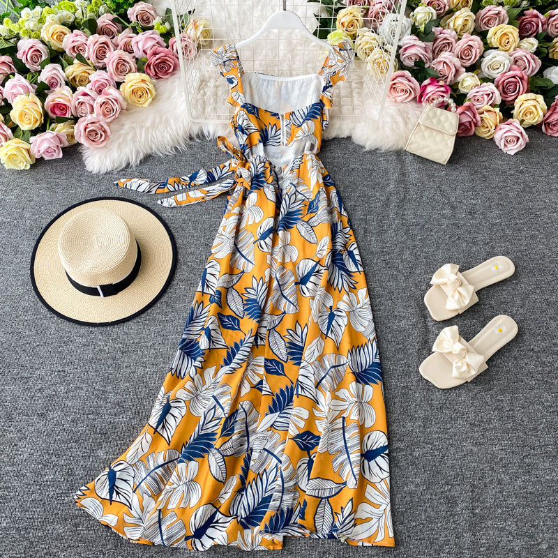Ruffle lace up suspender Dress Chiffon Floral Dress 3790