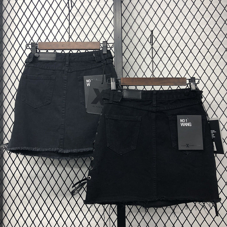 Jupe en jean taille haute à bretelles latérales pour femmeJupe trapèze 3718