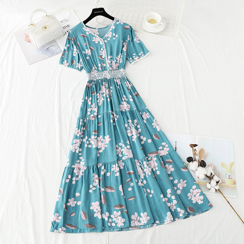 Robe en coton et lin pour femme, col en V, robe fleurie, taille 4245