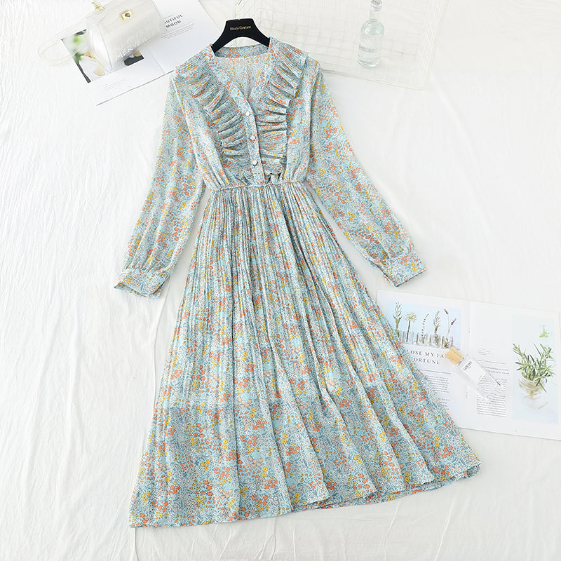 New Retro slim light mature wind broken flower pleated fairy Chiffon Skirt 4718