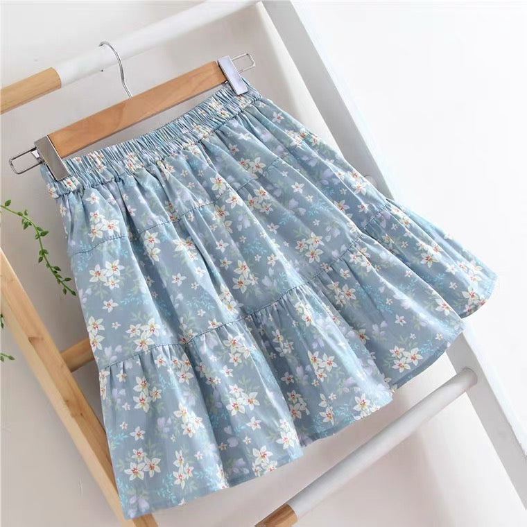 Jupe fleurie, nouveau style, coton et lin, petite fraîcheur, style preppy, jupe plissée taille haute 3586