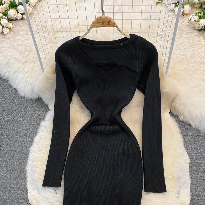 Modisches sexy Strickkleid mit offener Brust 3754
