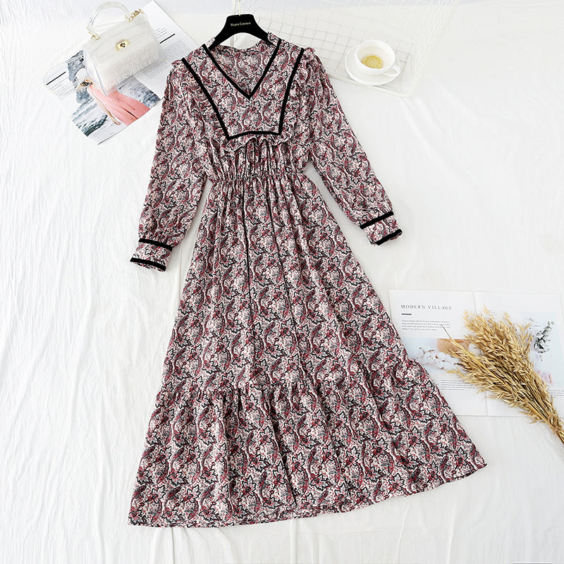 Robe en mousseline de soie à manches longues pour enfants avec jupe fleurie à taille étroite 3902