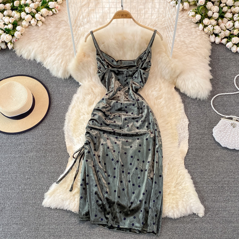 Robe longue sexy en velours à col pivotant et à bretelles avec cordon de serrage 3757