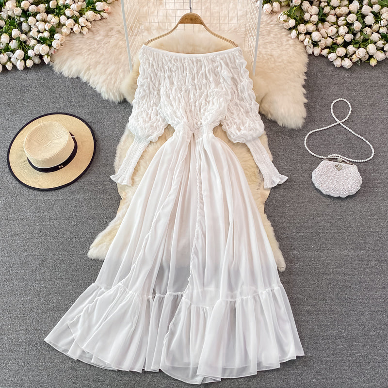 Jupe longue slim taille haute avec manches lanternes et large évasement 3778