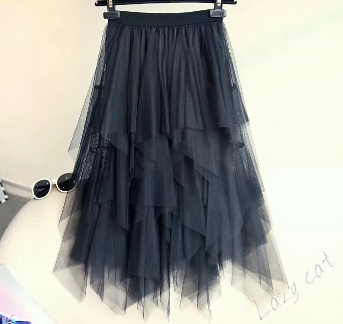 New multi-layer multicolor, irregular mesh splicing skirt, midi tulle skirt 3687
