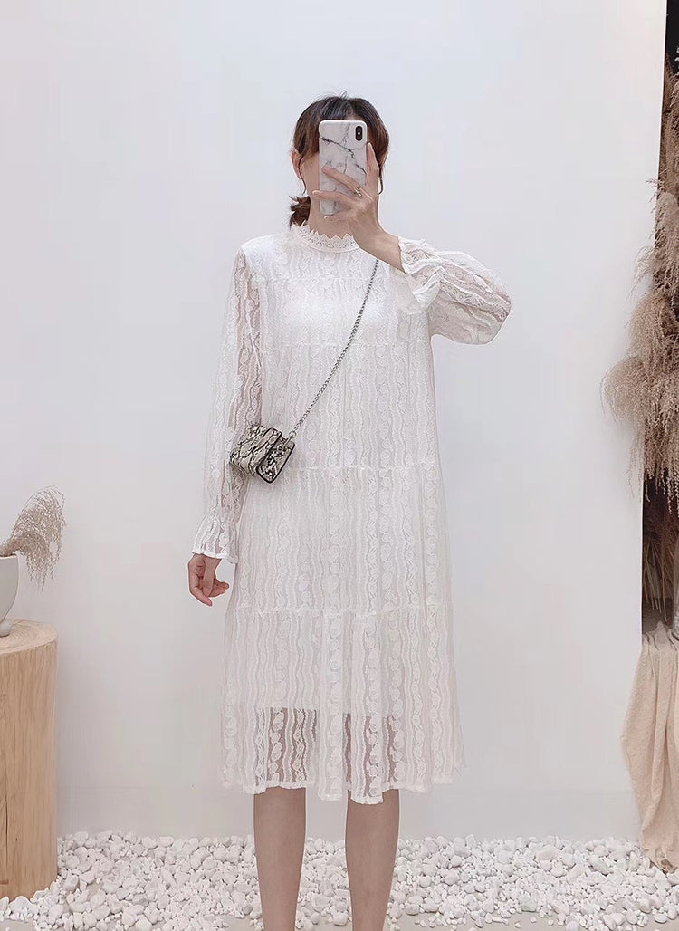 Robe de fée fine à manches longues et col rond en dentelle ajourée taille haute 3872